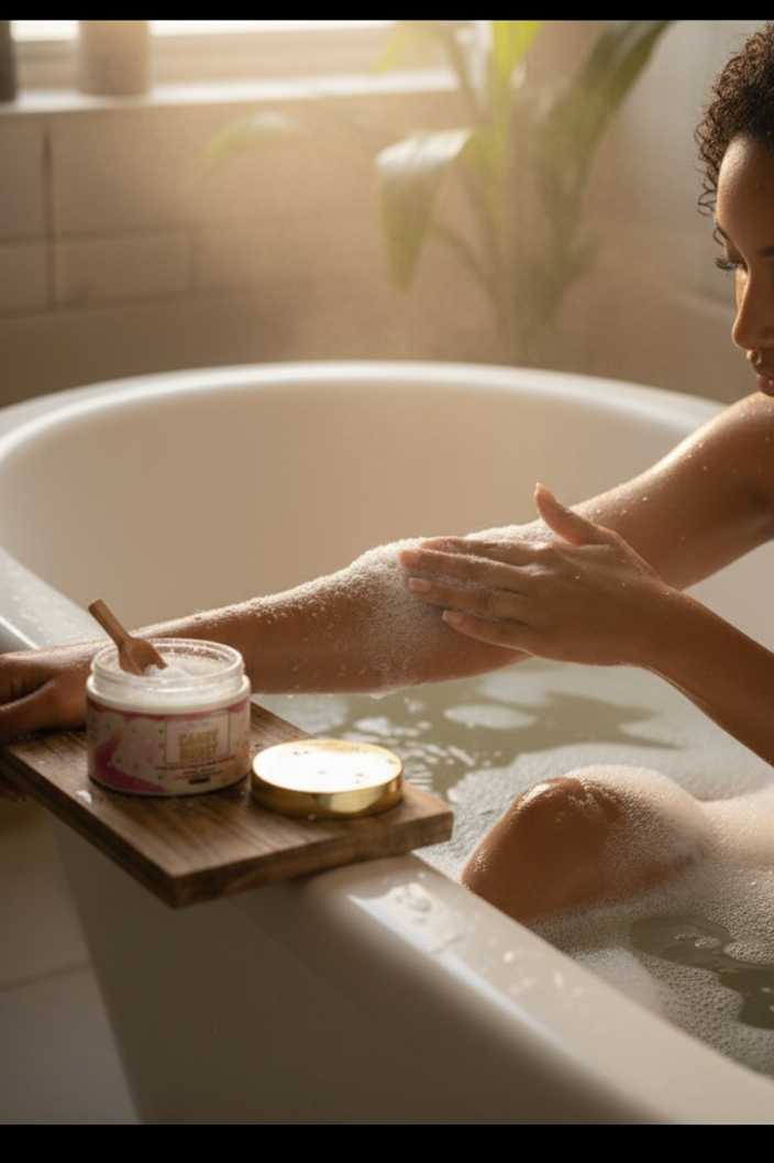 Person in a bathtub with a jar of body scrub and a candle on a wooden tray.