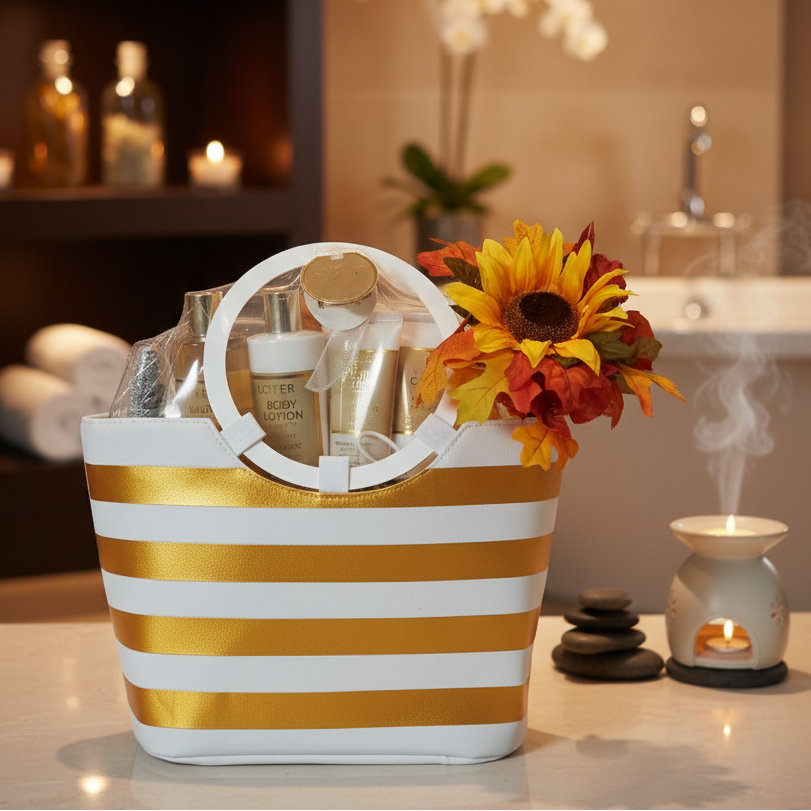 Striped gift basket with skincare products and flowers on a counter with a spa-like background.