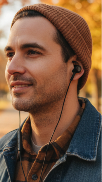 Man wearing a brown beanie and earphones, standing outdoors with blurred autumn foliage in the background.