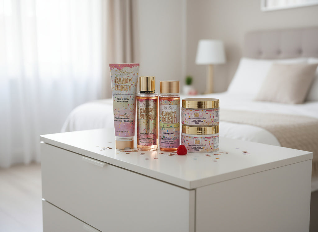 Collection of 'Candy Burst' products including a tube, bottles, and jars on a wooden surface.