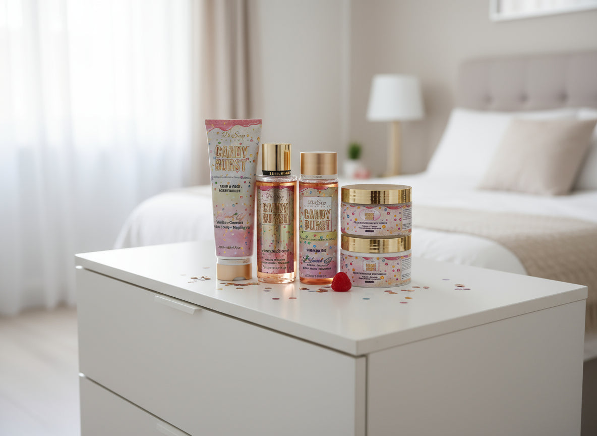 Collection of 'Candy Burst' products including a tube, bottles, and jars on a wooden surface.