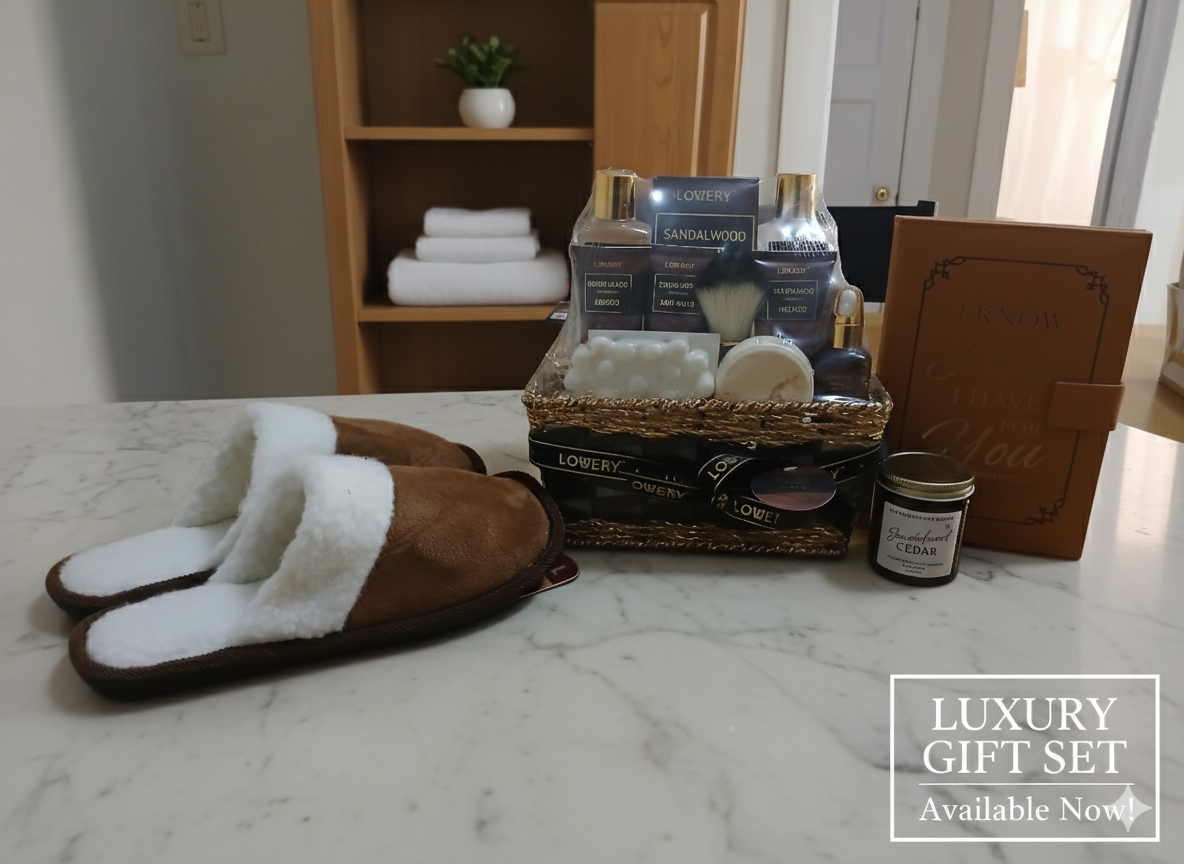 Luxury gift set with slippers, basket of items, and a jar on a marble surface.