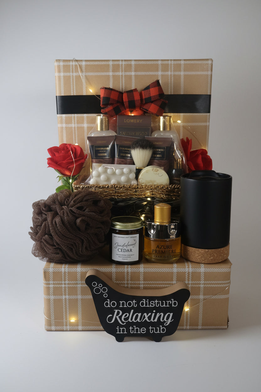 A relaxing spa gift set arranged on a wooden surface in front of a plaid box. The set includes a black cylindrical mug, a dark brown loofah, a jar labeled 'Relaxing Cream', a small amber bottle, a clear plastic basket with bath items and a red buffalo plaid bow, and two red roses.