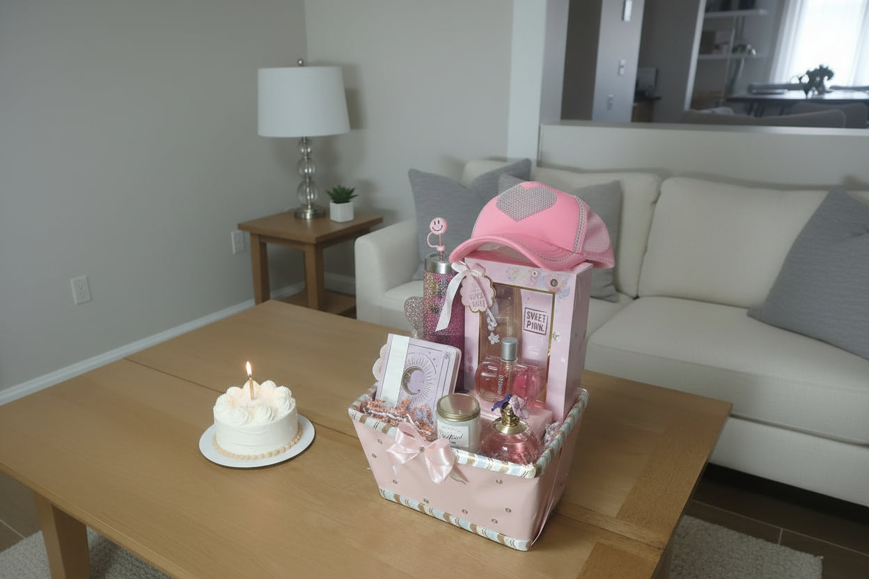 Gift basket with pink items on a coffee table in a living room.