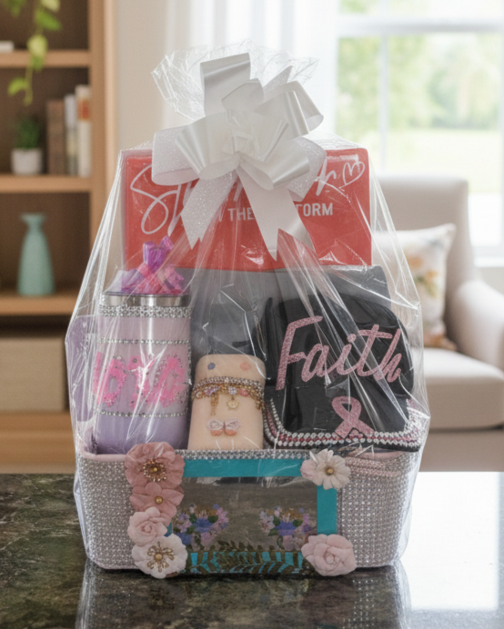 Gift basket with a phone case, mug, and other items on a kitchen counter.