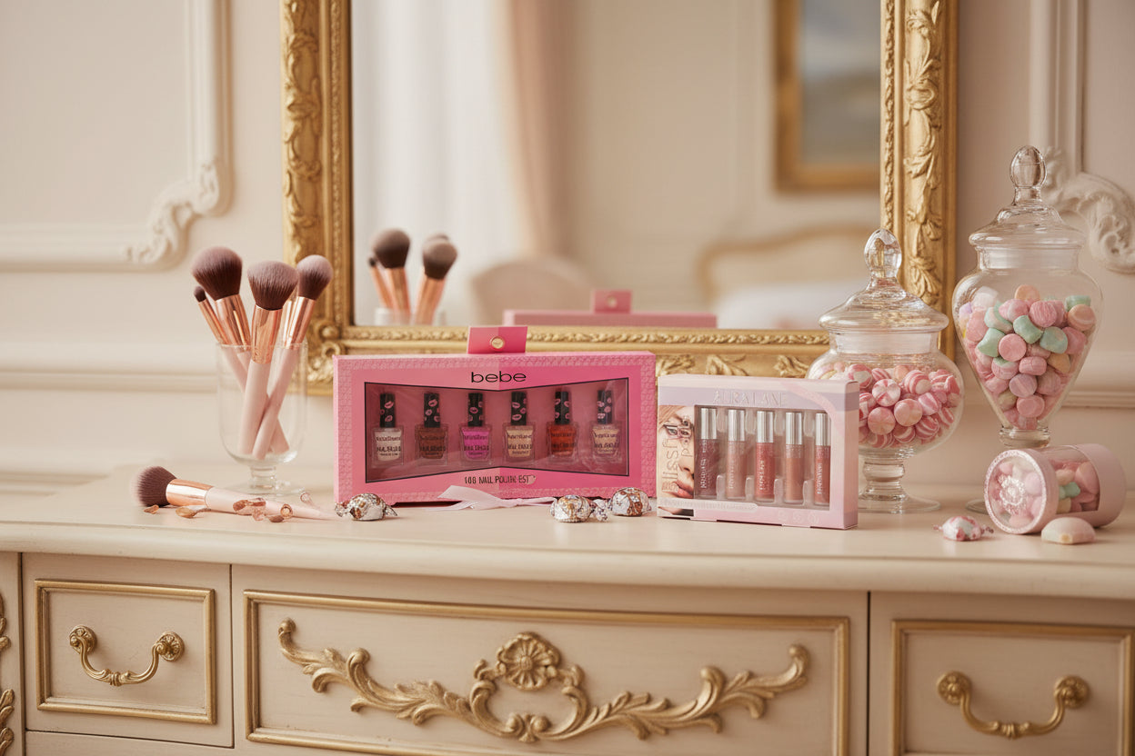 Two cosmetic sets from bebe and Blissful on a wooden surface