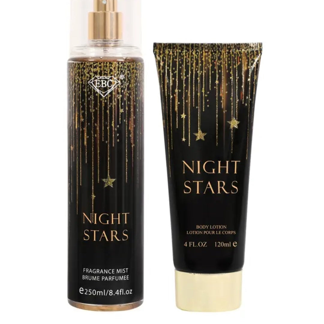 FBC Night Stars fragrance mist and body lotion set, featuring a 250ml spray bottle and a 120ml body lotion tube, both in black with gold glittery drips, stars, and lettering, on a white background.