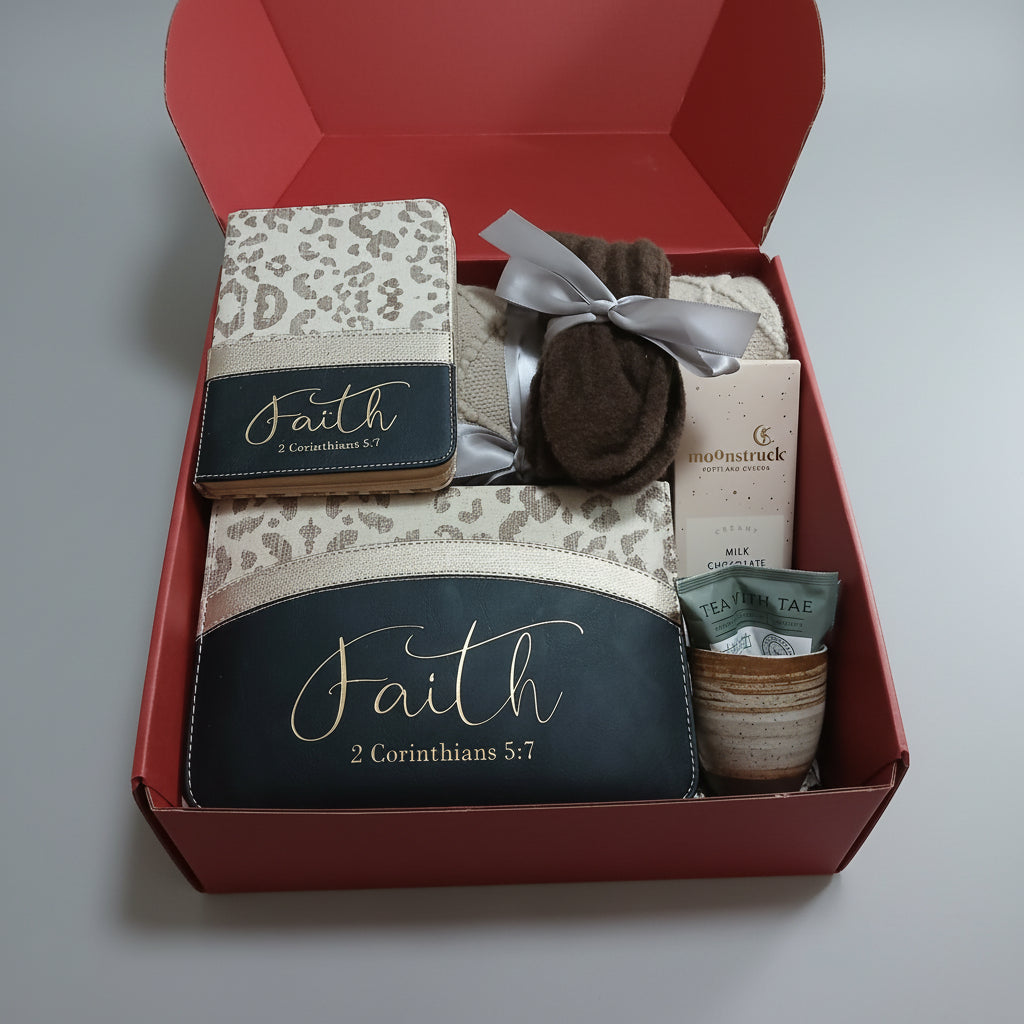 A Faith-themed gift box set on a wooden table, containing a leopard print and faux leather journal, a brown fleece blanket with a silver ribbon, a chocolate bar, and a tea bag in a small cup.