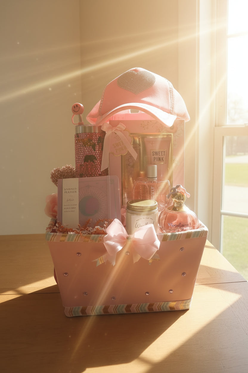 Gift basket with pink lid and decorative items on a wooden surface