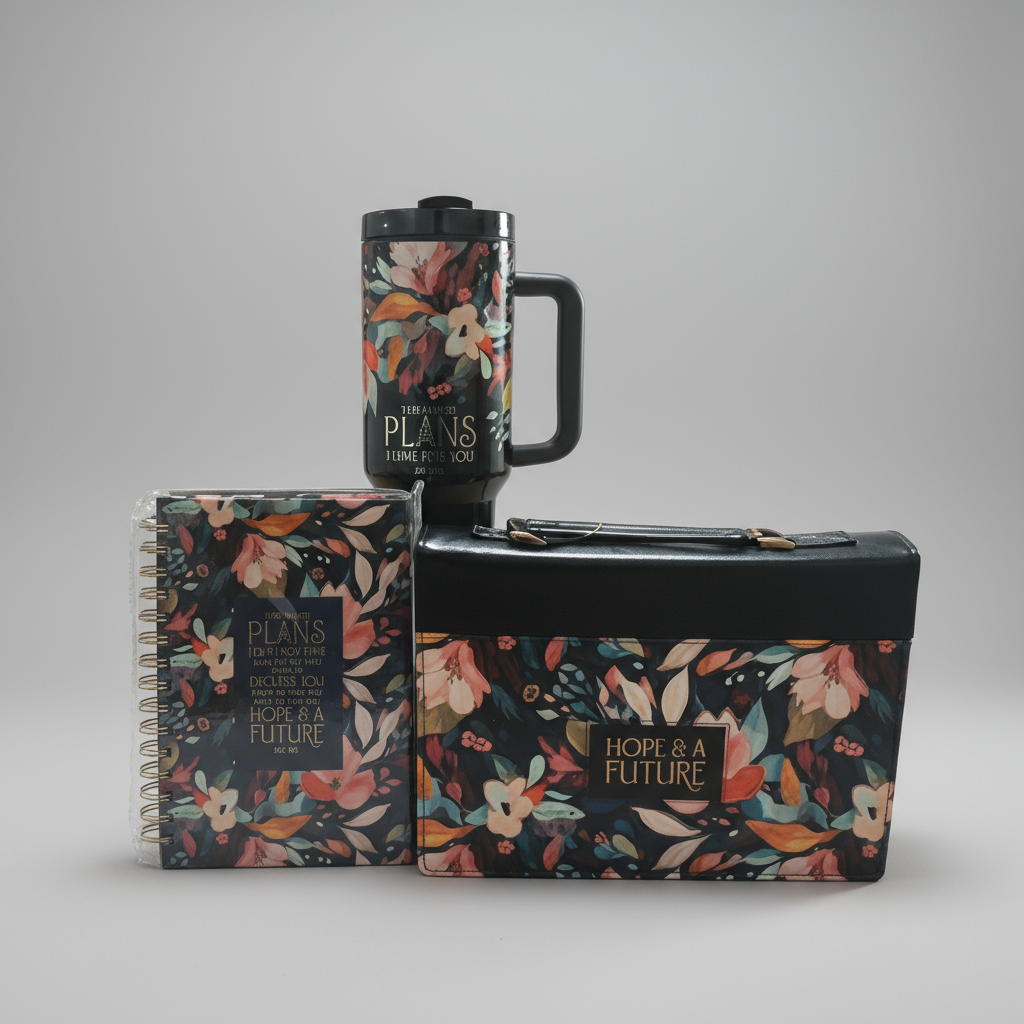Floral-patterned tumblers and notebooks on a wooden table with autumn scenery outside the window.