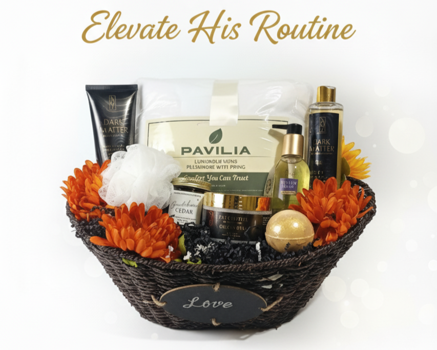 Gift basket with skincare products and decorative elements on a white background