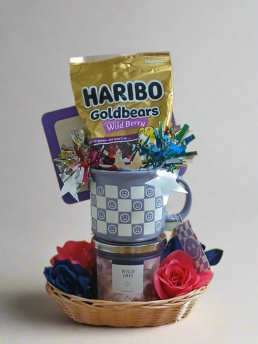 Smiley Coffee Mug & Candle Gift Basket