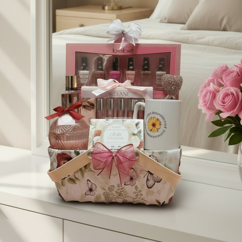 Collection of decorative items including a pink framed picture, a box with a floral design, and a bebe product on a wooden surface.