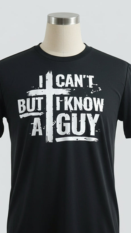 Black t-shirt with white text