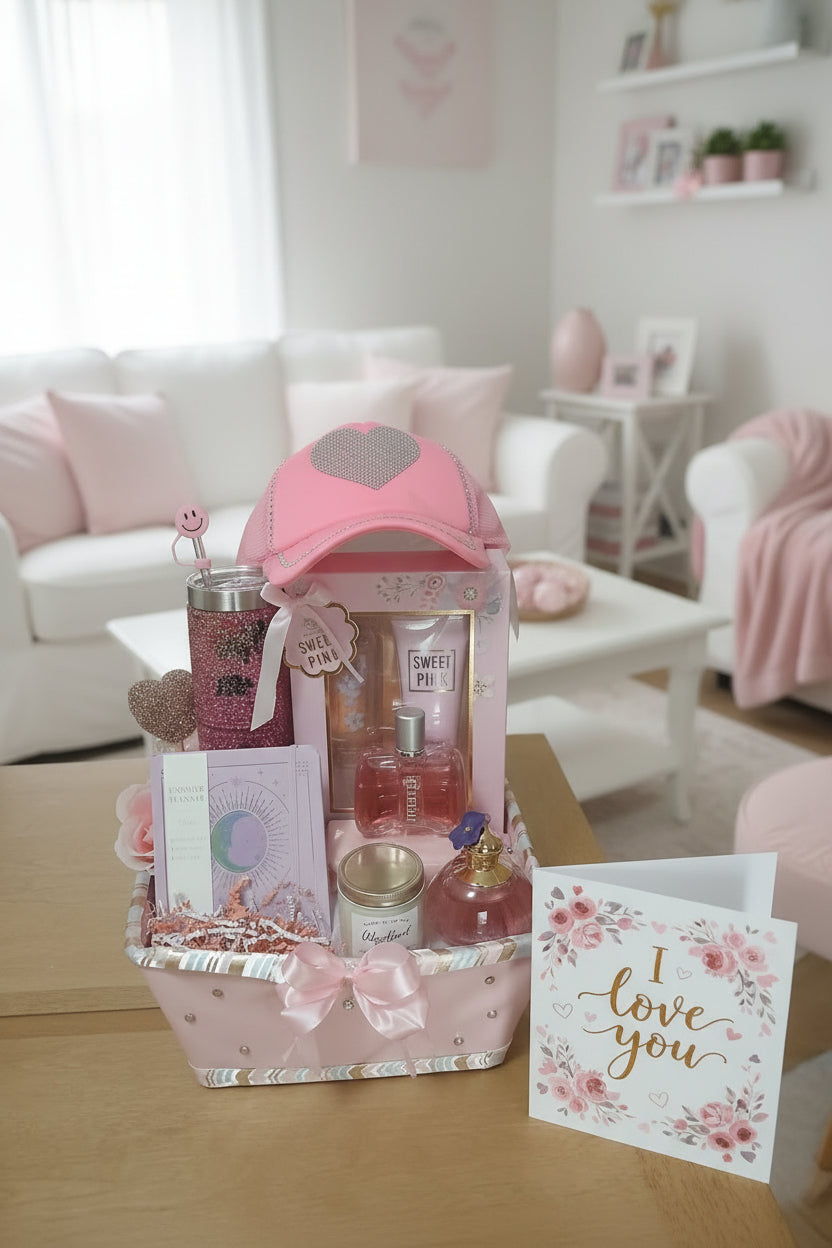 Pink gift basket with items including a bottle and a hat on a wooden surface.