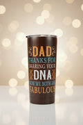 Tumbler with humorous text design on a wooden surface