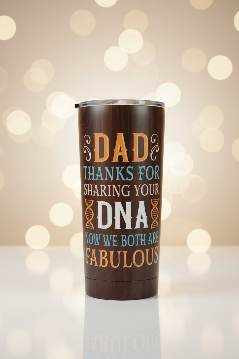 Tumbler with humorous text design on a wooden surface