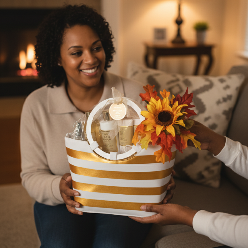 Woman receiving a gift basket with sunflowers from another person in a cozy living room.