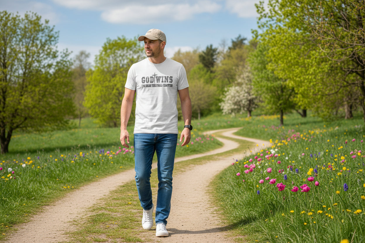 Gray t-shirt with text on a wooden surface