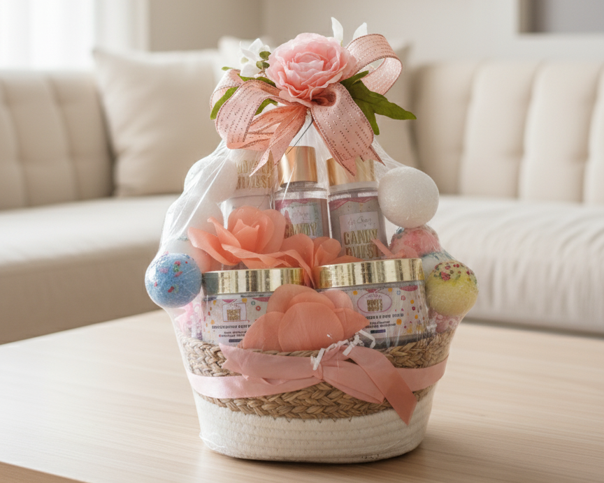 Gift basket with skincare products and flowers on a table in a living room.