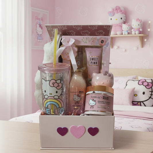 Hello Kitty-themed product set including slippers, a tumbler, and a box on a wooden surface.